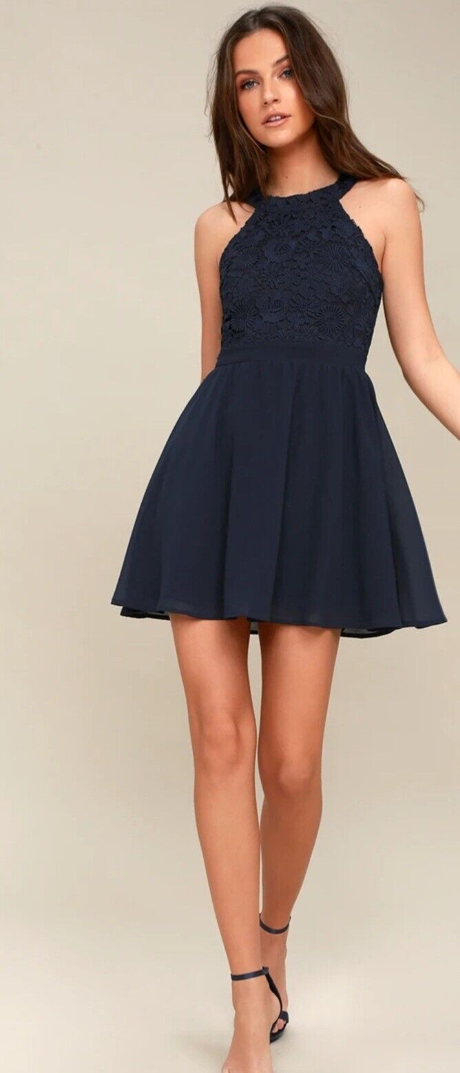 LULUS Lovers Game Navy Blue Lace Top Skater Dress Size MEDIUM