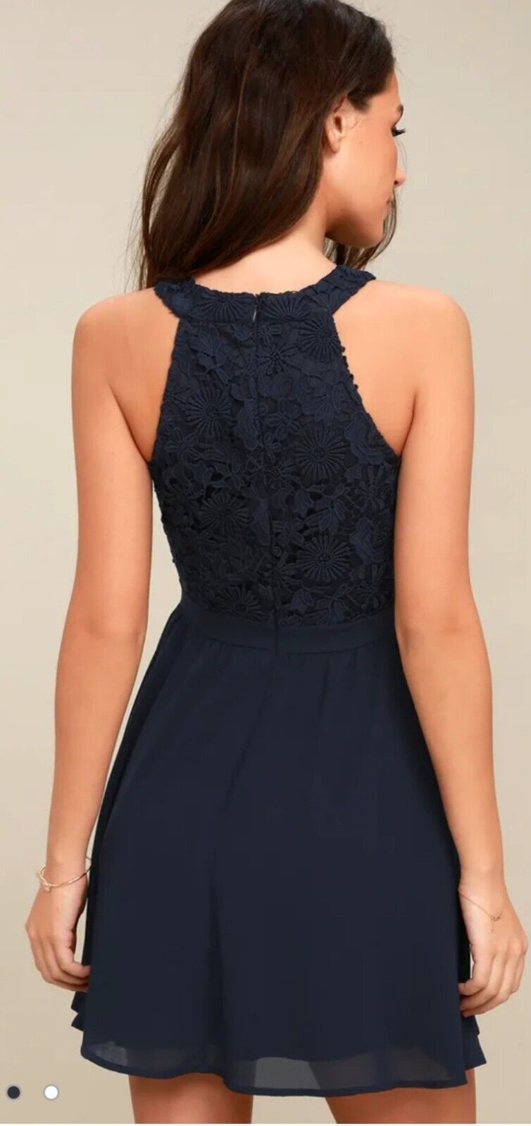 LULUS Lovers Game Navy Blue Lace Top Skater Dress Size MEDIUM