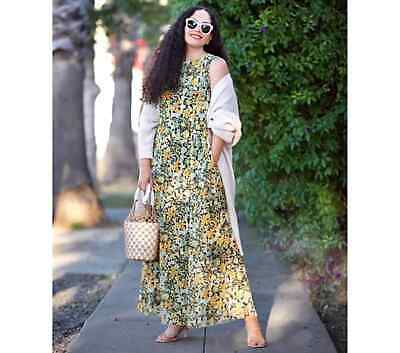 Girl With Curves Knit Mesh A-Line Maxi Dress (Yellow Floral, 1XP) A485736