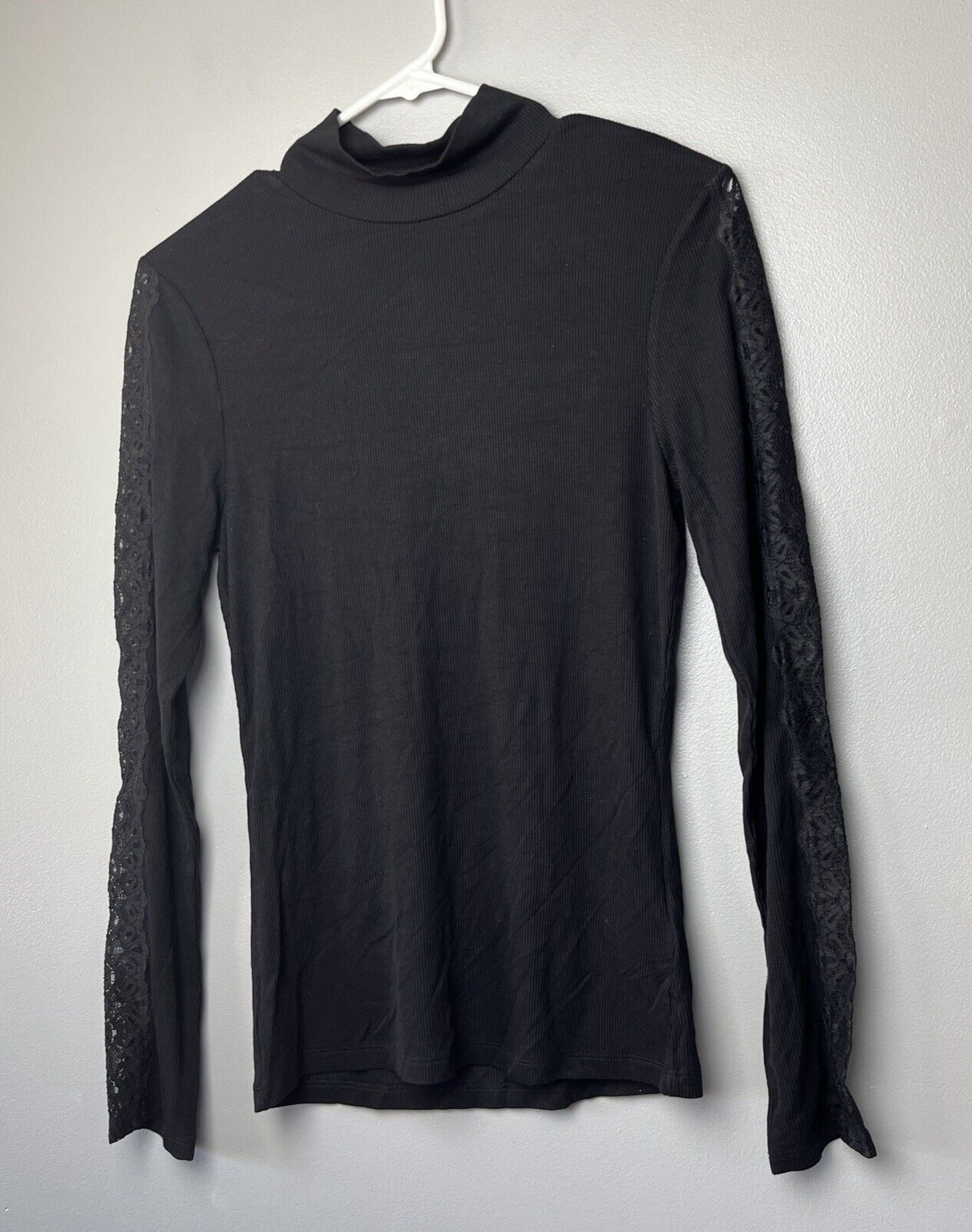 Paige Lace Sleeve Mock Neck Black Top Size Small