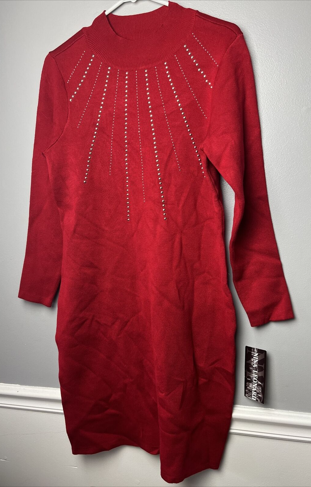 Women's Nina Leonard Studded Red Sweater Dress Size LARGE