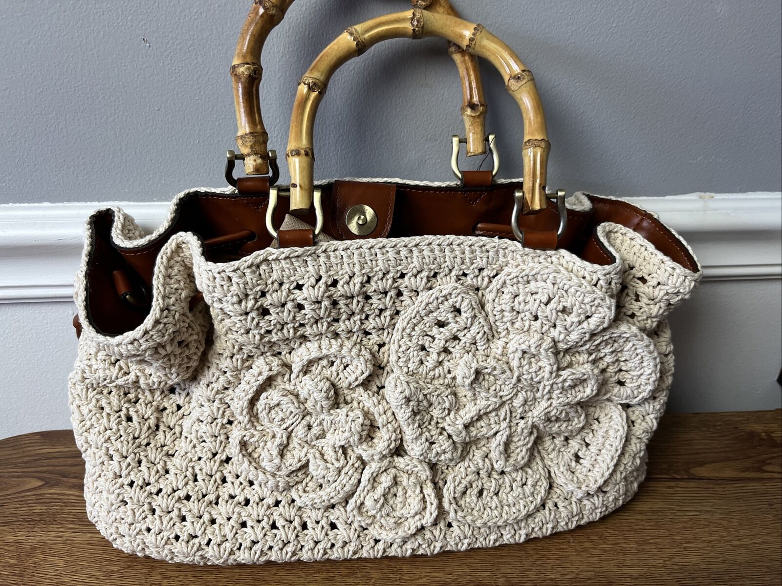 PATRICIA NASH Cantinella Crochet Satchel With Bamboo Handles And Leather selling Strap