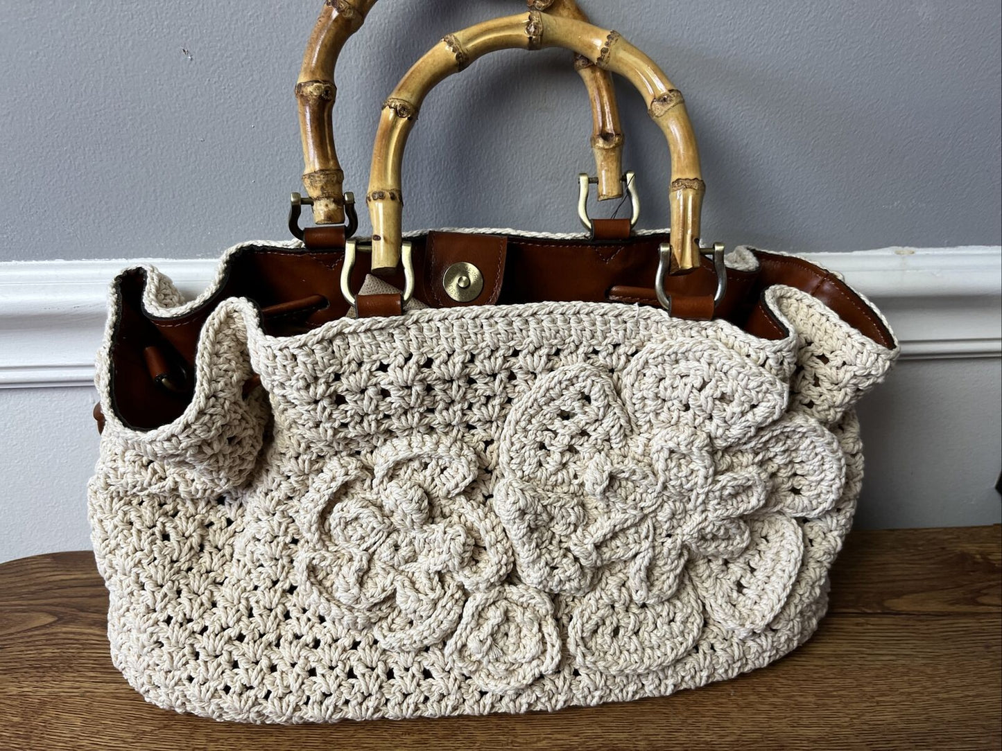 Patricia Nash Cantinella Crochet Bag Bamboo Handles Natural NEW P777130
