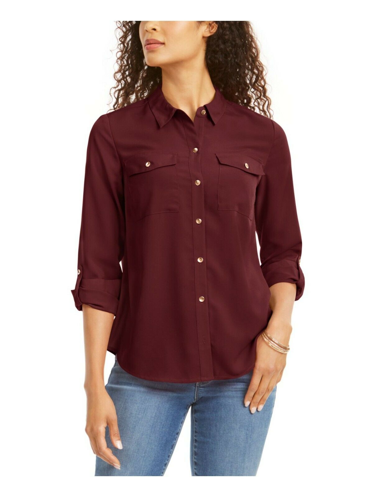 Charter Club Women's Burgundy Long Sleeve Collared Button Up Top - Easy Shopping Center