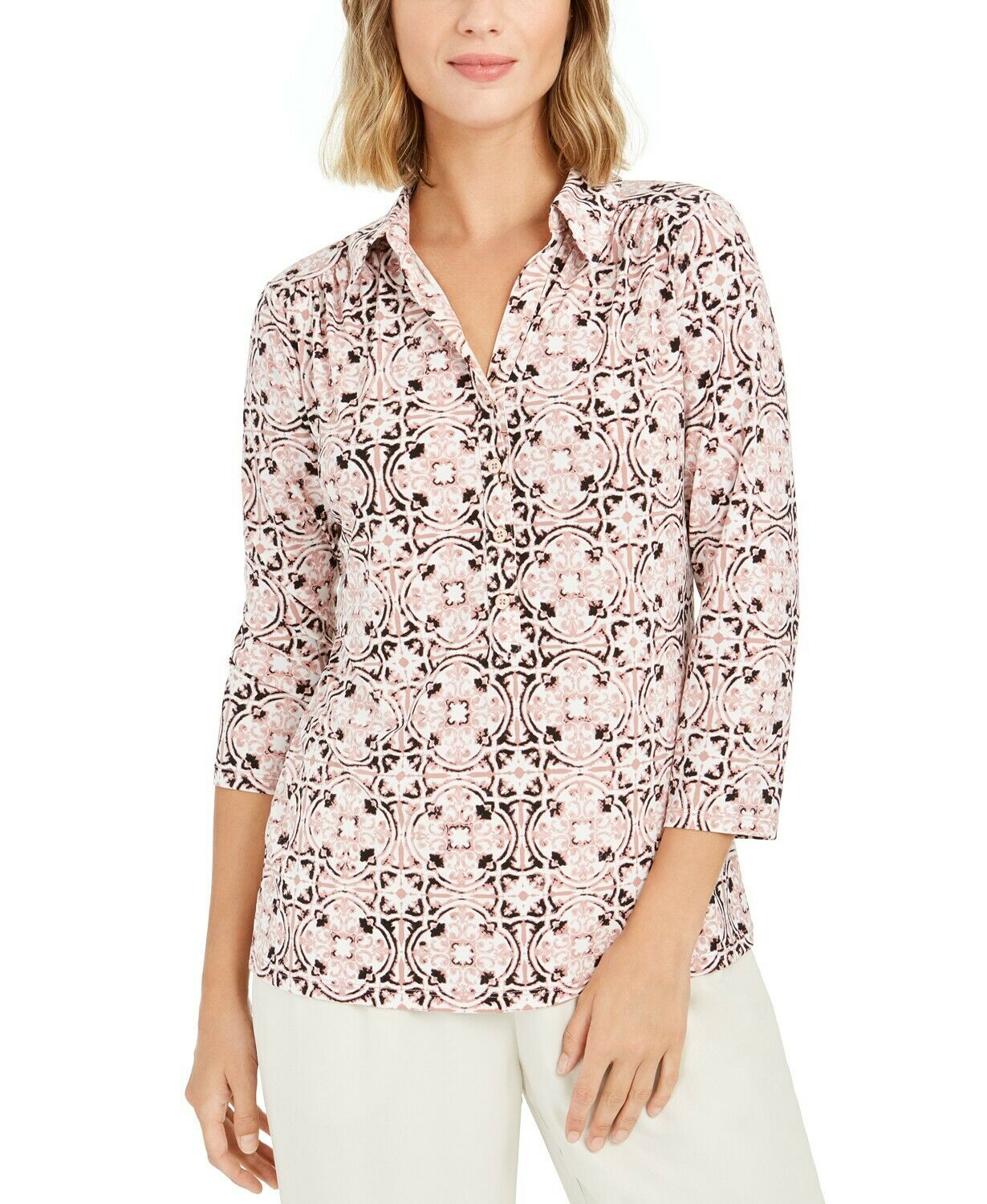 Charter Club Women's Tile Print 3/4 Sleeve Button-Down Polo Shirt, X-Small