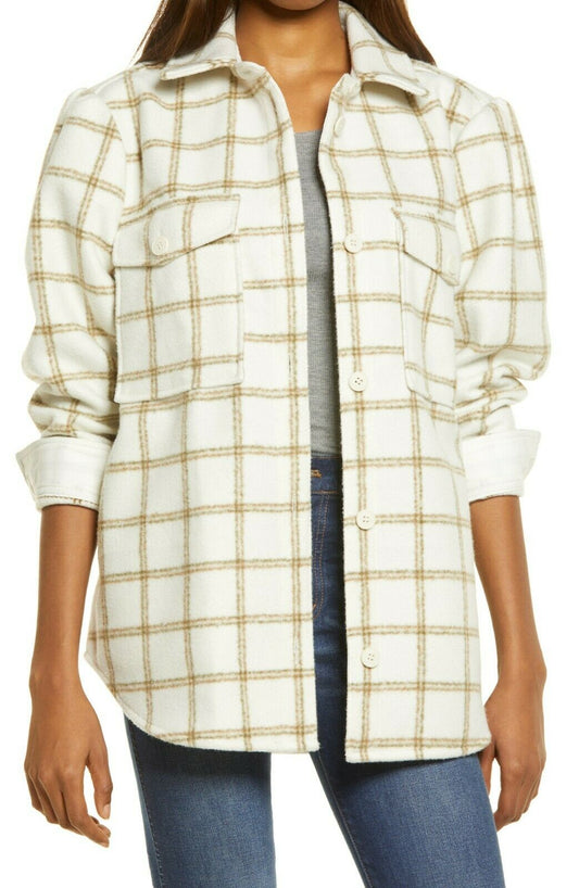 Treasure & Bond Plaid Puff Sleeve Ivory Button Up Shirt Jacket Women's SZ L