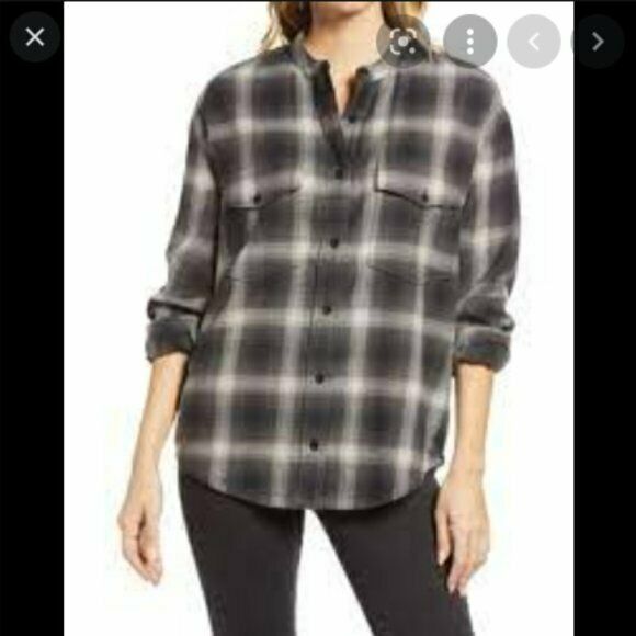 Treasure & Bond Grey and Black Plaid Flannel Shirt