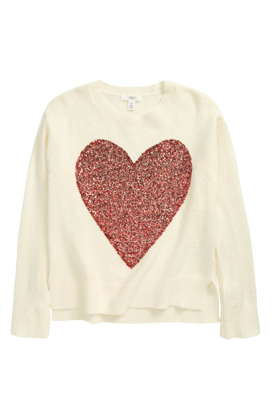 1901 Girl's Merry Sparkle Heart Pullover Sweater Size XL(14/16) Ivory