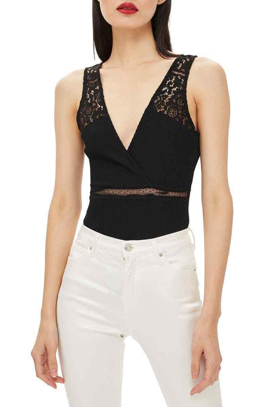 Women's Topshop Lace Plunge Bodysuit, Size 2 US (fits Like 0) - Black