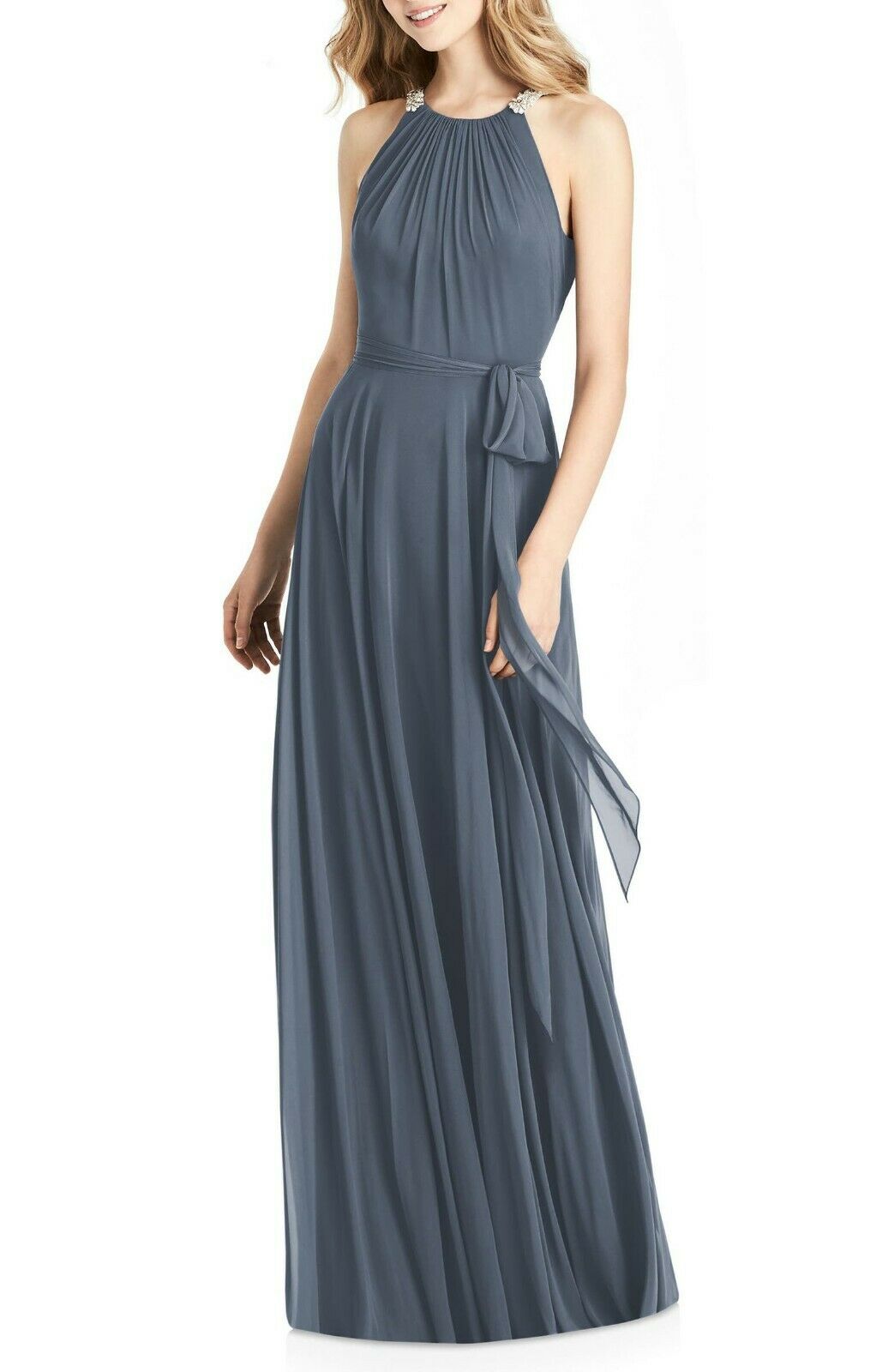 Jenny Packham Crystal Strap HLTR Neck Chiffon A-Line Gown Size 12