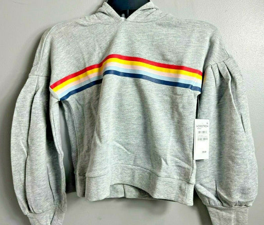 NWT NORDSTROM M(8/10) Grey Heather Rainbow Graphic Balloon Sleeve Hoodie Girls