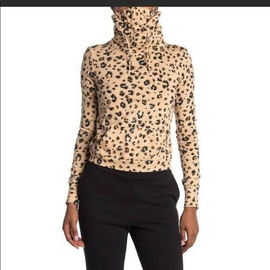 NWT Love Fire Women’s Tan Cheetah Print Mask Hoodie Drawstring Front Pocket XS