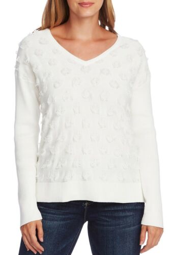 NEW Vince Camuto Floating Fringe Dot V-Neck Sweater Ivory Size XXL