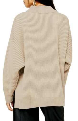 Topshop Women's Beige Drop Shoulder Mock Neck Ribbed Pullover Sweater, Large