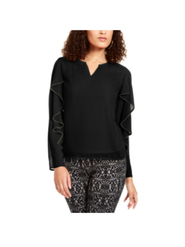 Thalia Sodi Women's Embellished Ruffle-Sleeve Top Black Medium