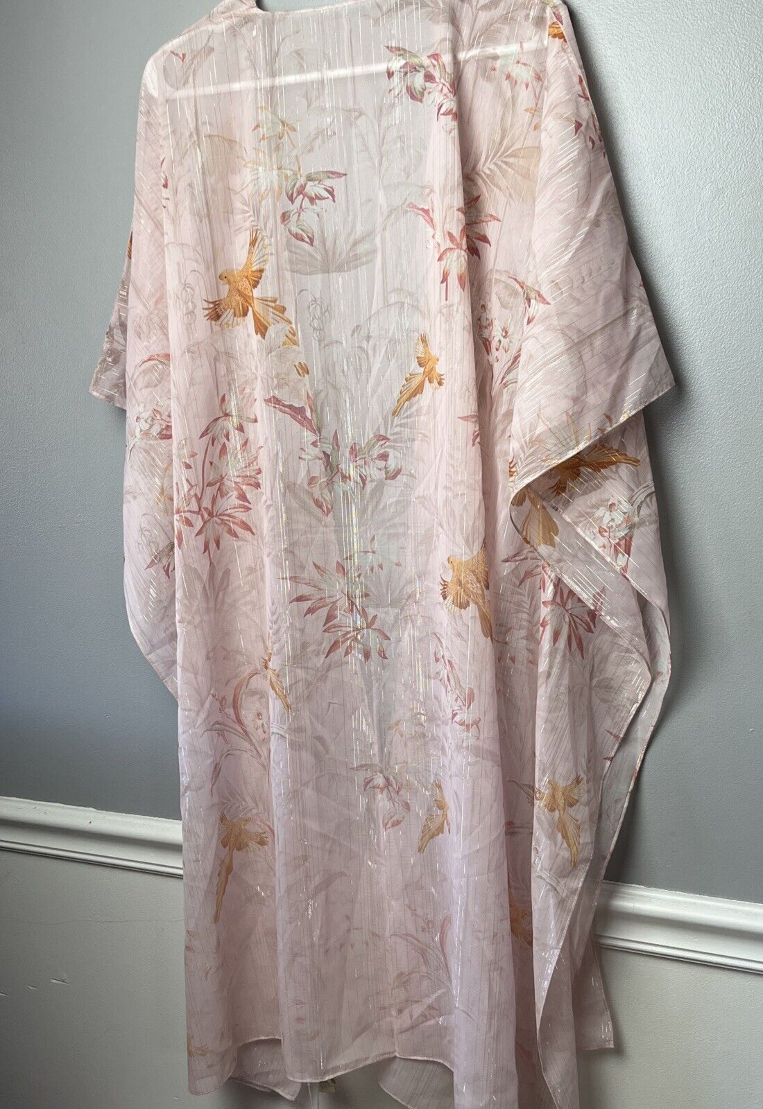 Ted Baker Rhapsody Kimono light pink bird print silver thread coverup NWT Sz 0/S