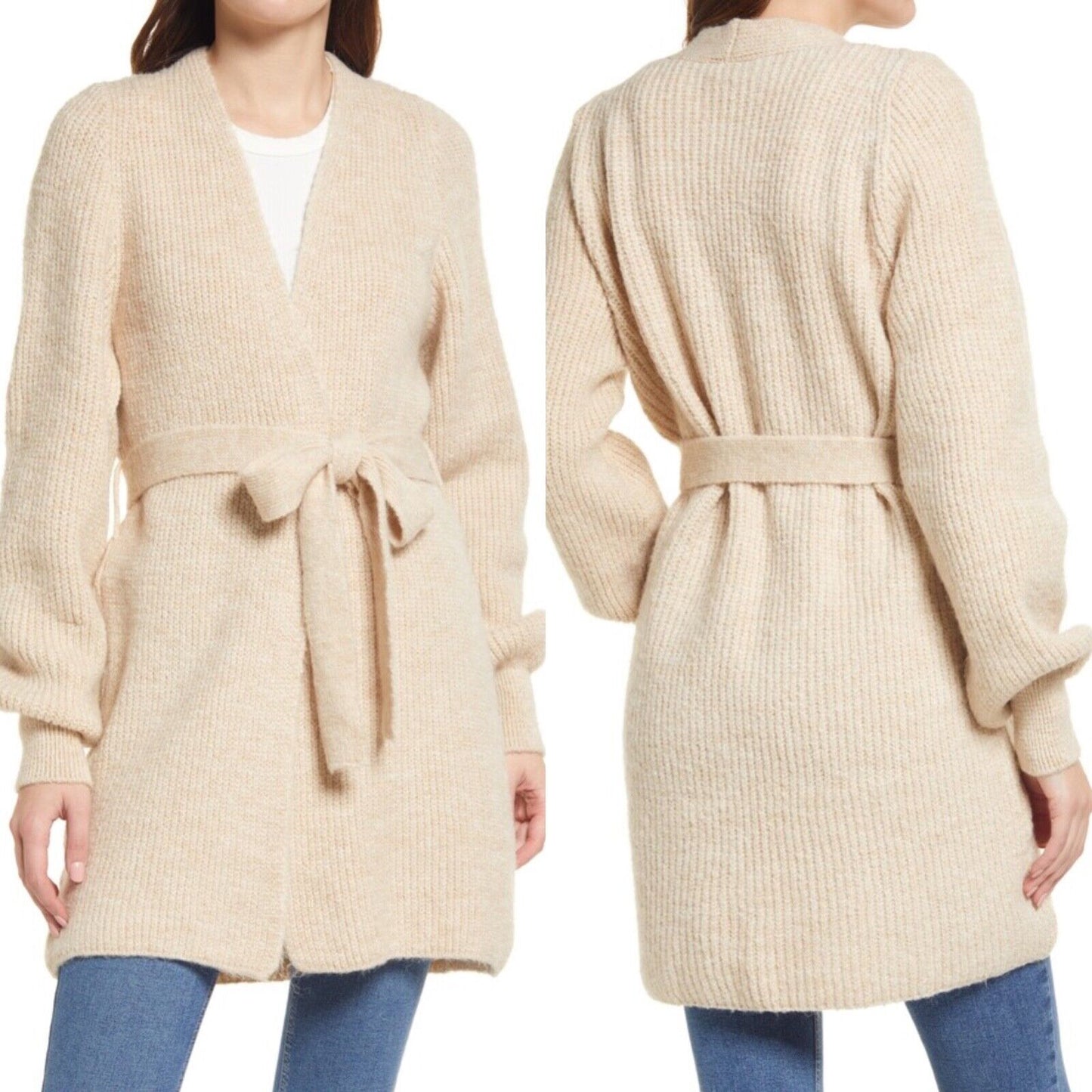 TOPSHOP Cardigan SWEATER KNIT Stone Belted BLOUSON SLEEVE Chunky Size S (4 - 6)
