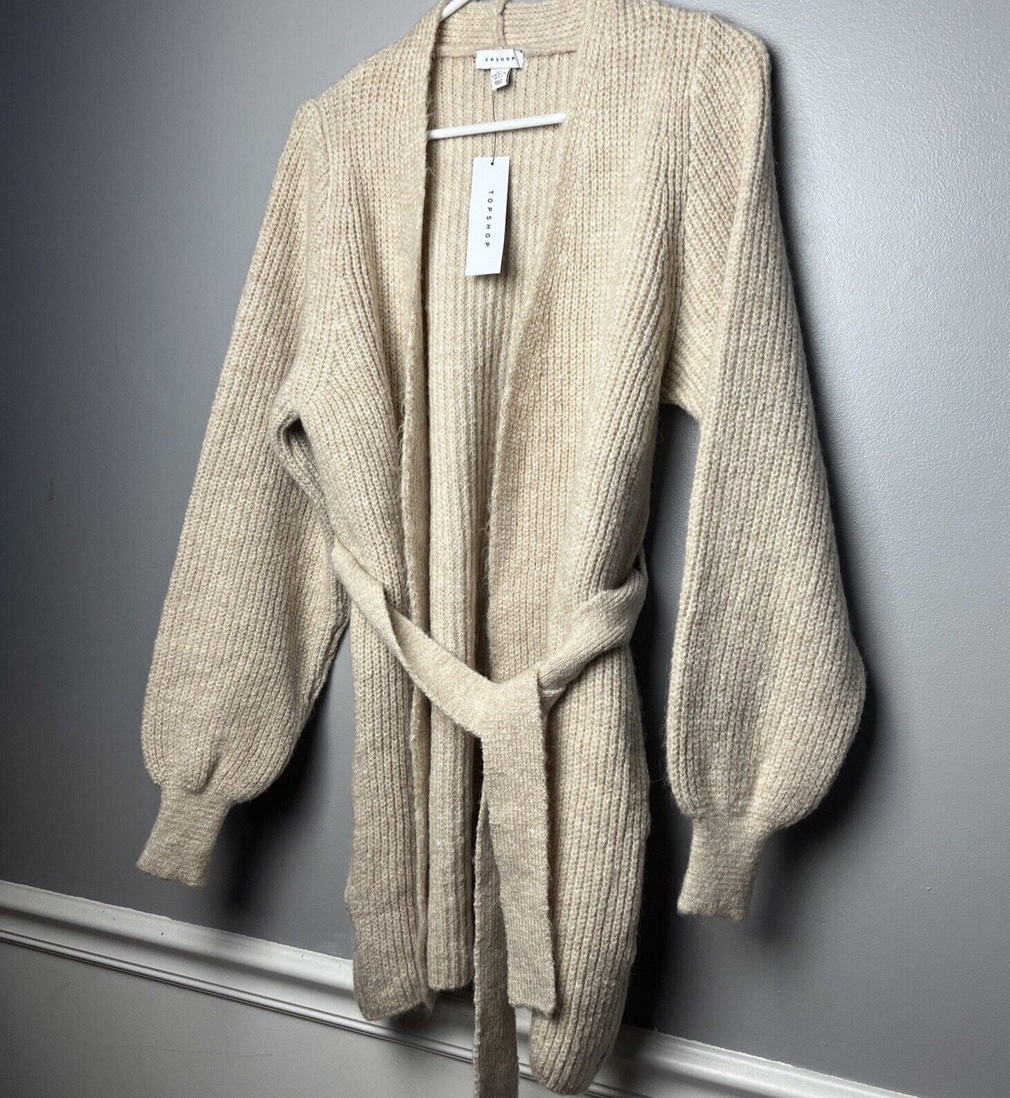 TOPSHOP Cardigan SWEATER KNIT Stone Belted BLOUSON SLEEVE Chunky Size S (4 - 6)