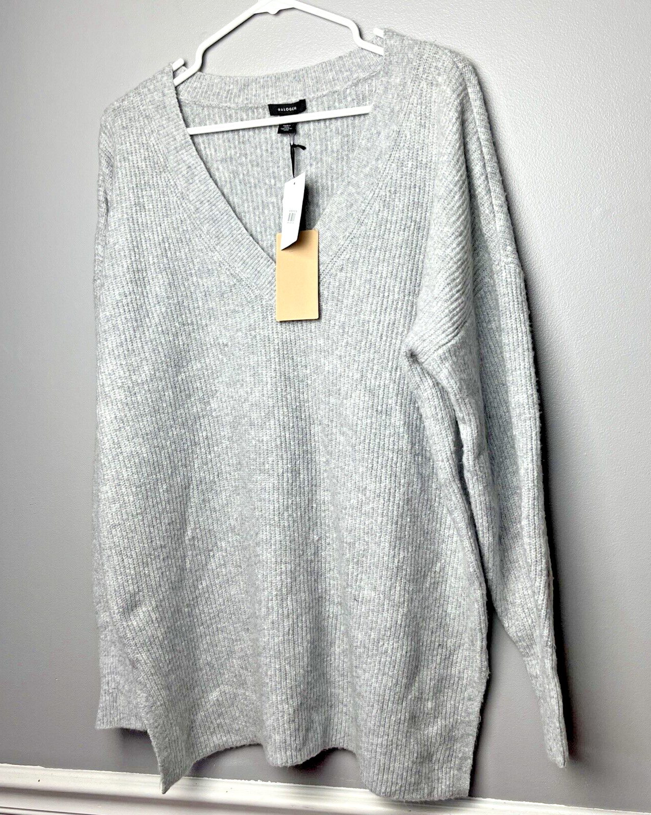 Halogen Cozy V-neck Tunic Sweater In Grey Light Heather L Large NEW